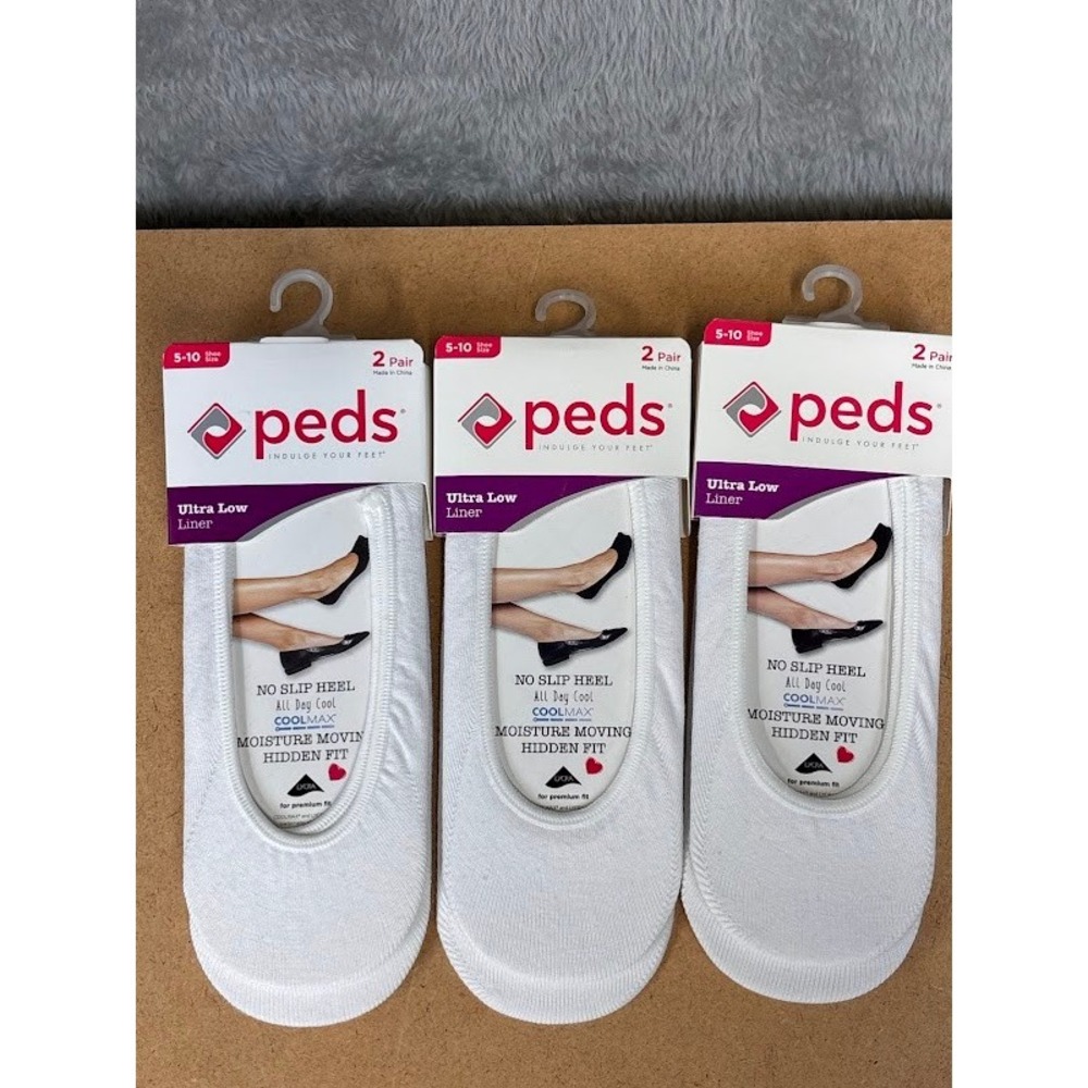 Peds Ultra Low Liner White No Show Socks 6 Pairs Shoe Size 5-10 Coolmax 9019